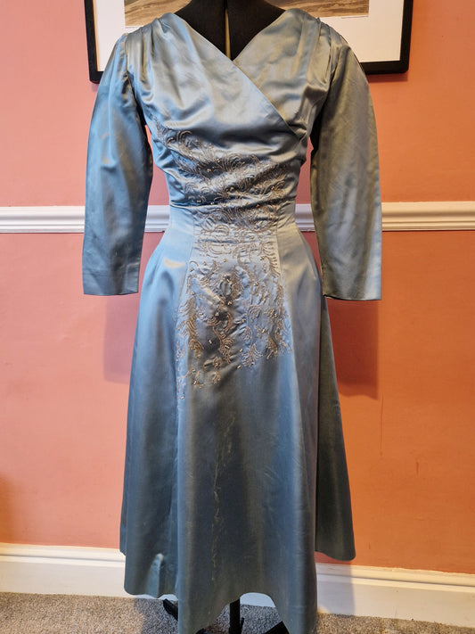 1950s duck egg blue satin beaded full skirt dress size 10