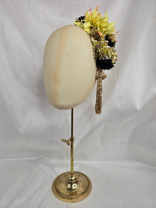 Large gold/black/chartruese hair flower with beaded tassel (Copy)