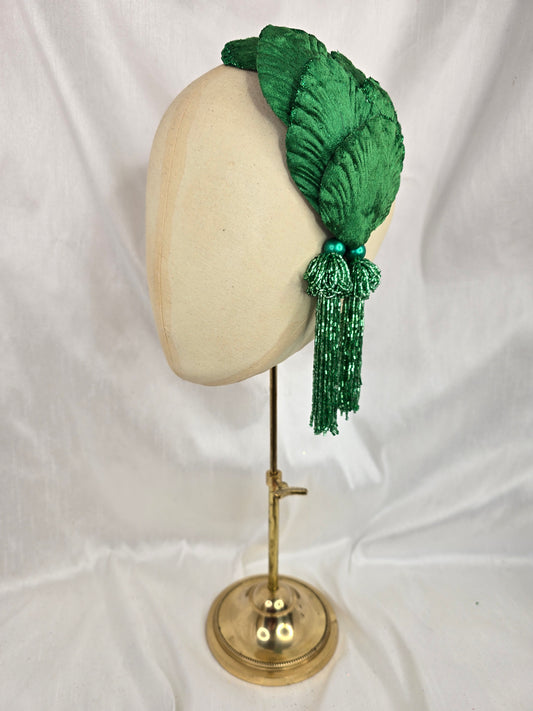 Emerald green velvet glittered half hat/fascinator with green beaded tassels (made to order)
