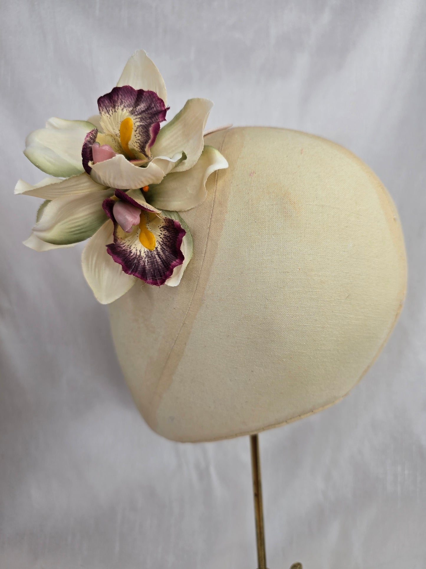 Cream and mulberry orchid hair flower and corsage set