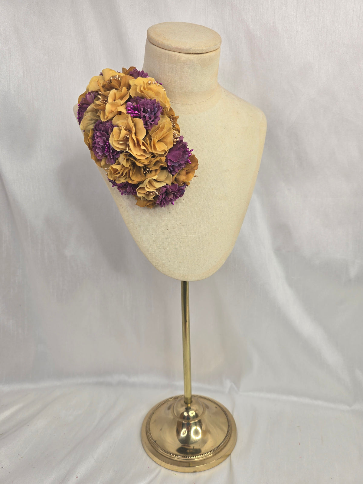 Purple and mustard blossom hair flower/corsage