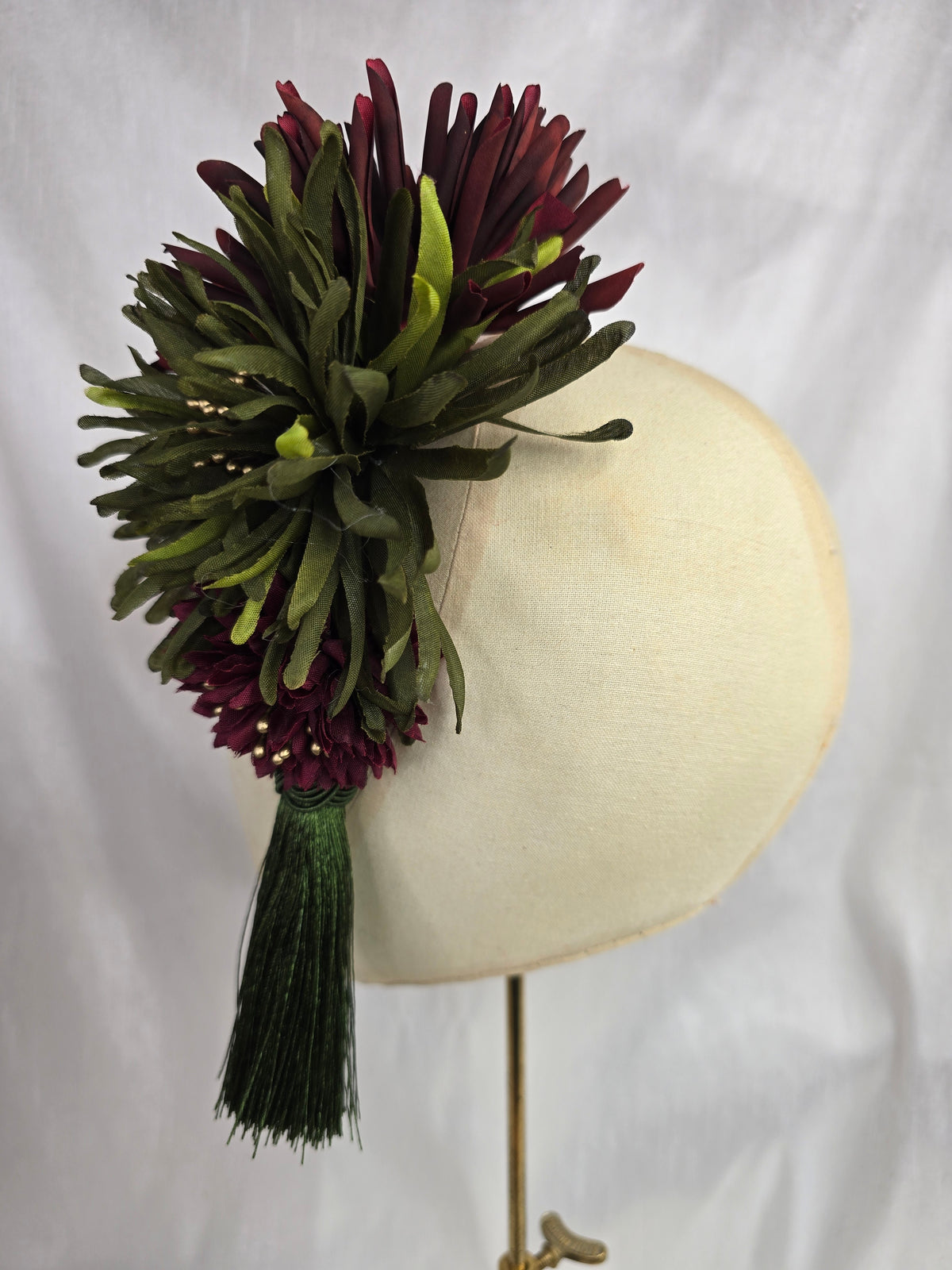 L olive, maroon and gold autumn flower headpiece/corsage with silky tassel