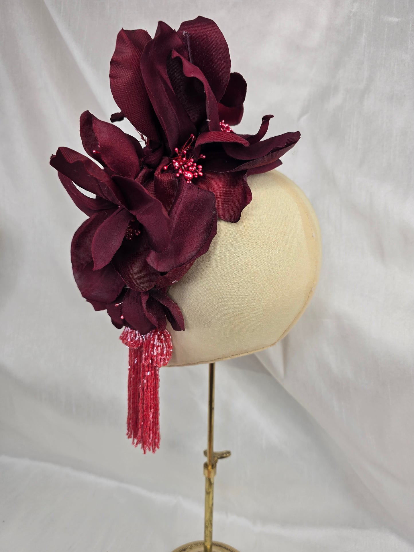 Extra large burgundy and watermelon cascade hair flower with beaded tassels