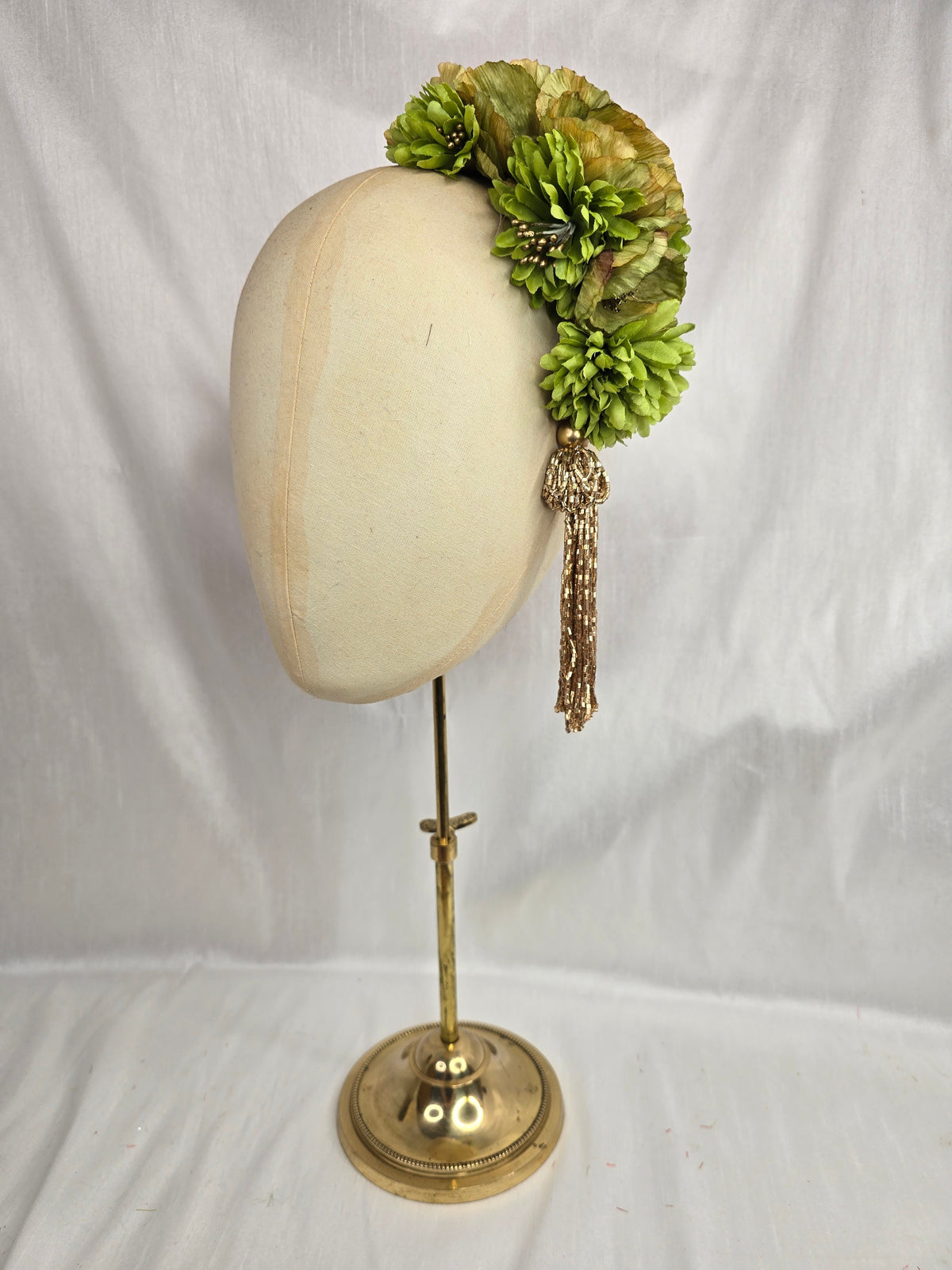 L chartreuse, lime green and gold autumn flower headpiece with beaded tassel