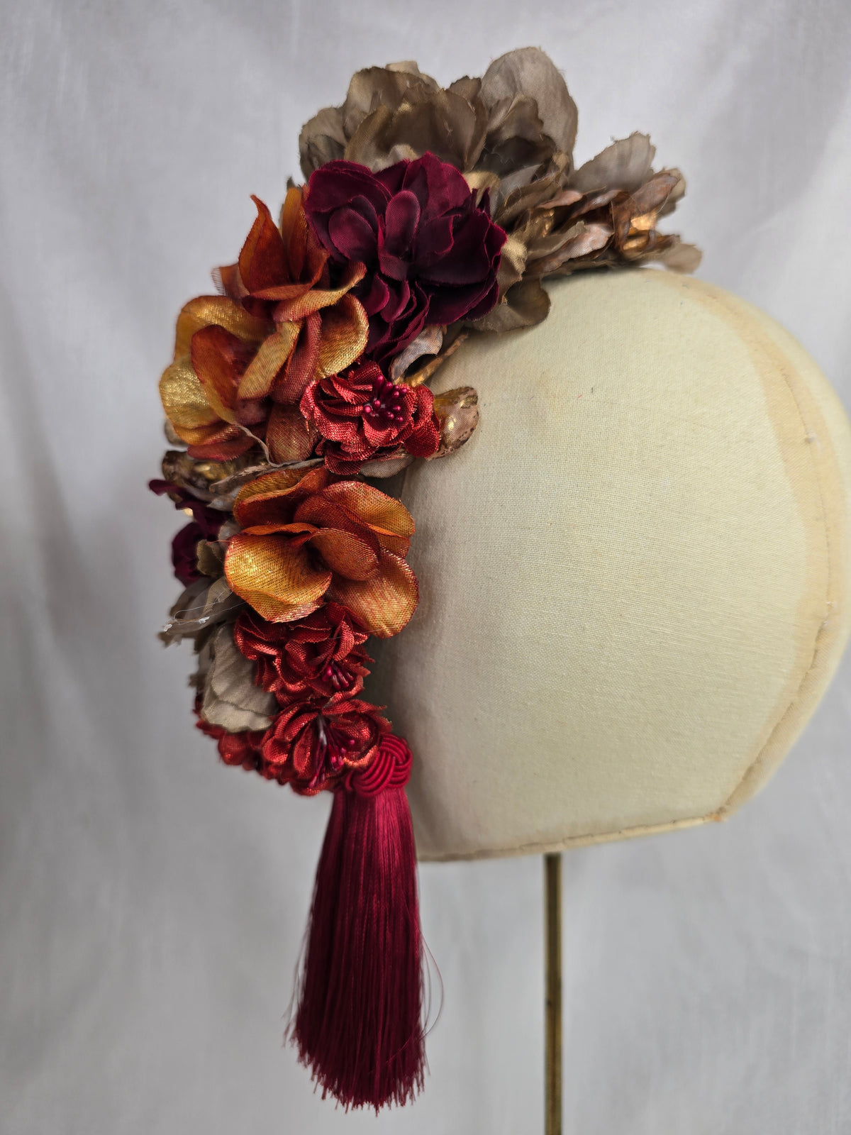 XL mocha, orange and red autumn flower headpiece with red silky tassels