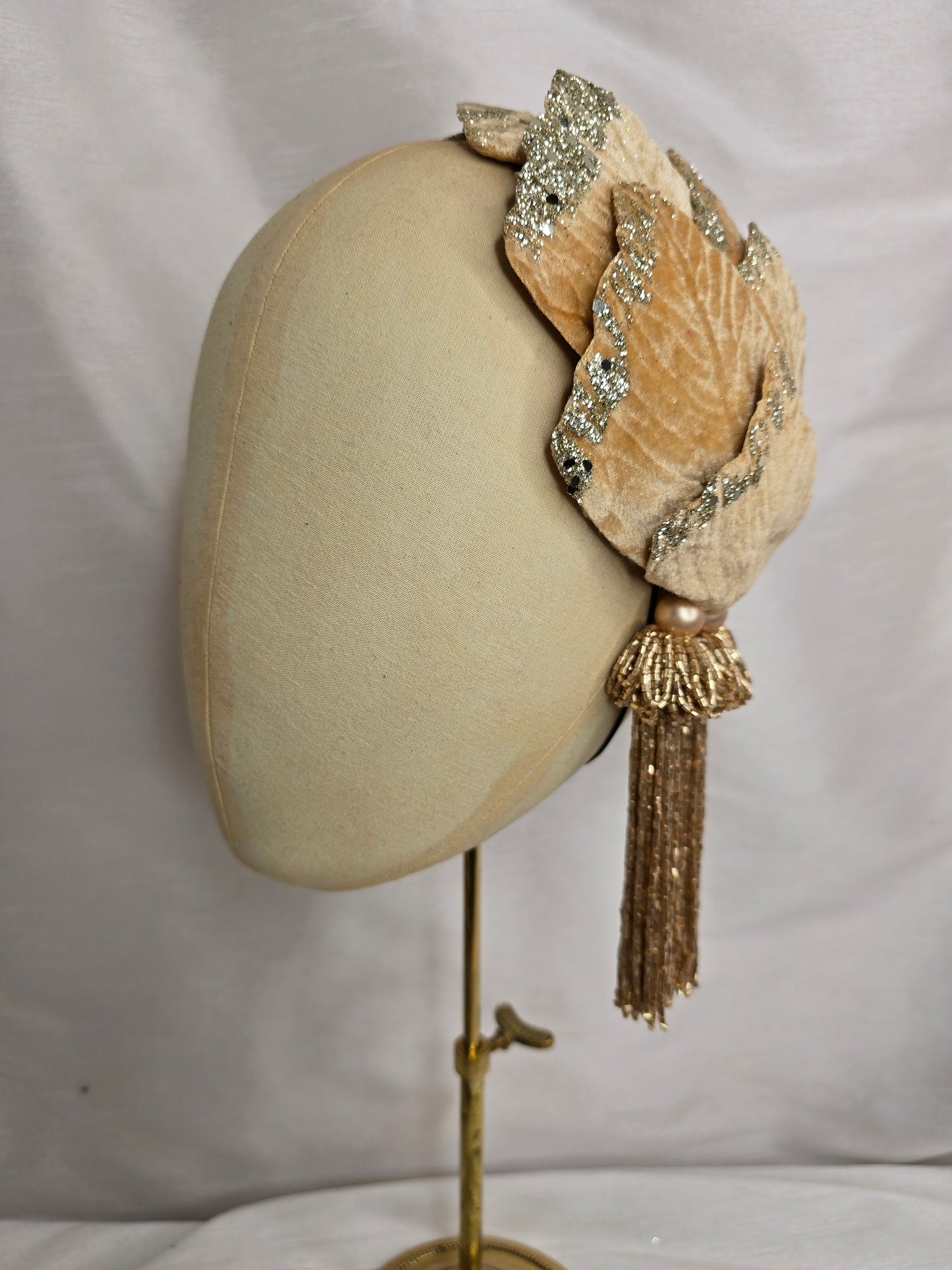 Champagne velvet glittered half hat/fascinator with gold beaded tassels (made to order)
