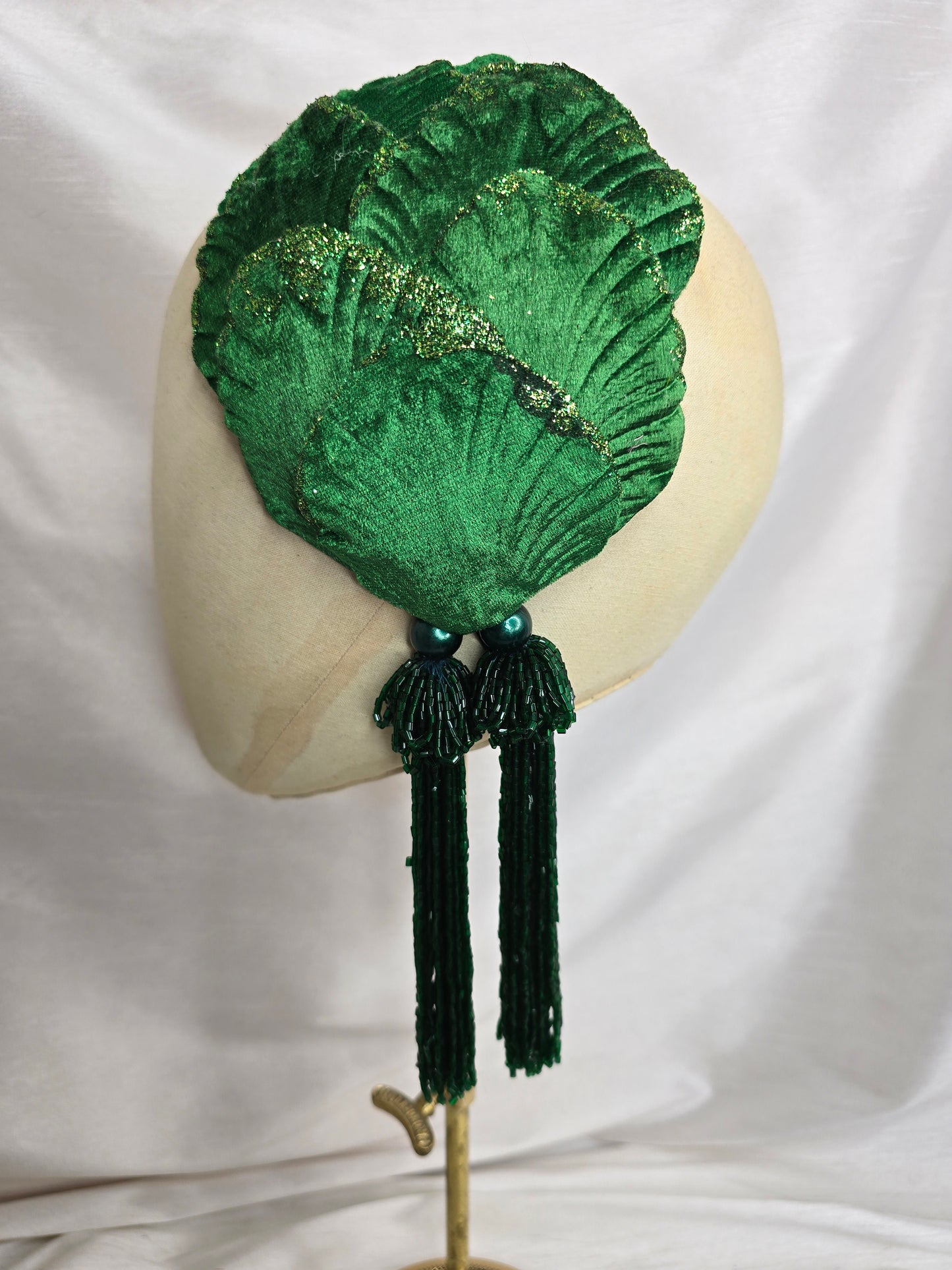 Emerald green velvet glittered half hat/fascinator with green beaded tassels (made to order)