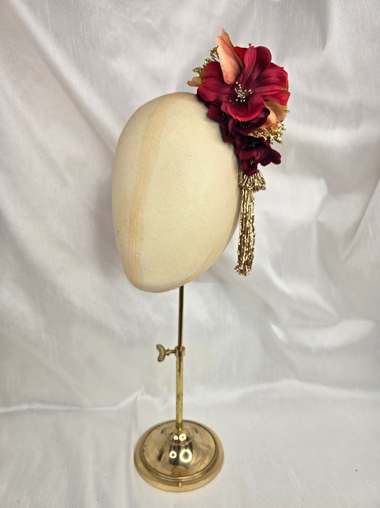 Medium pale orange, red and gold flower headpiece with gold beaded tassel