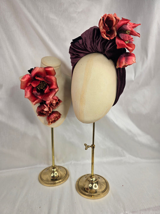 Plum brown stretch velvet turban with flower trim and corsage