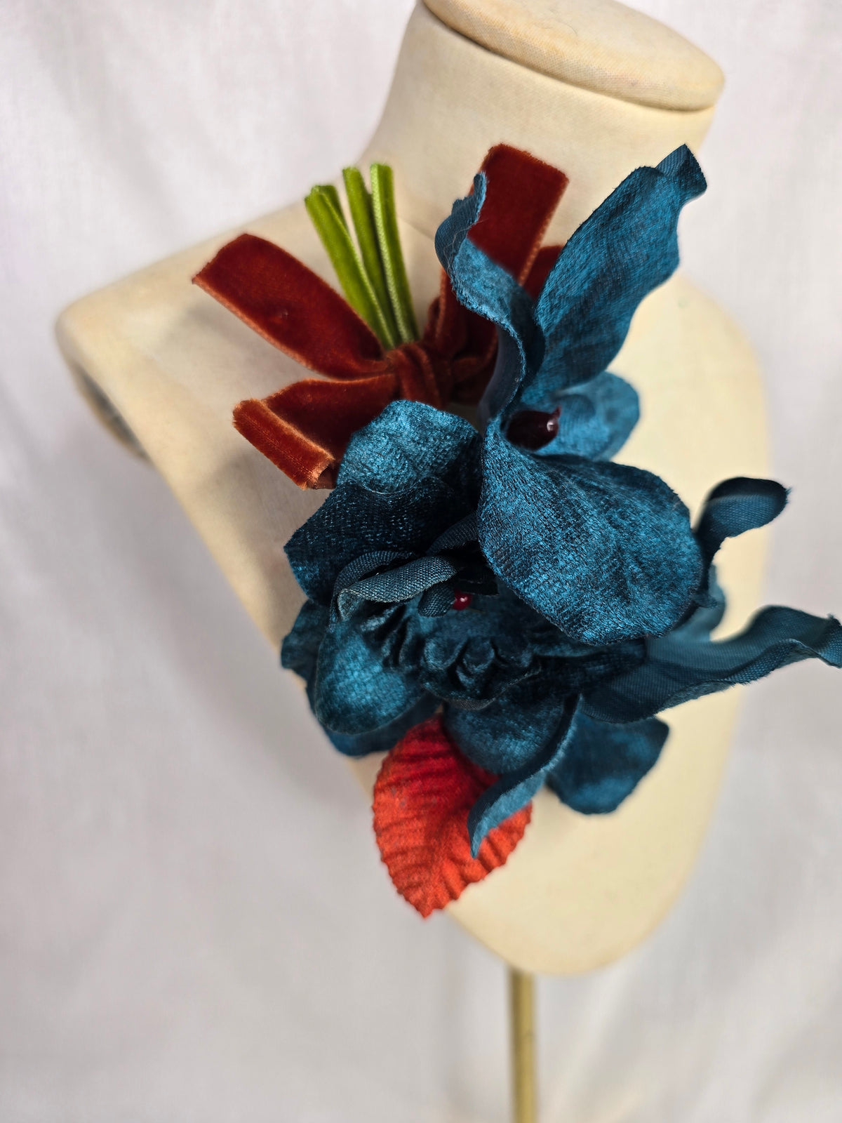 Teal velvet orchid hair flower and corsage set