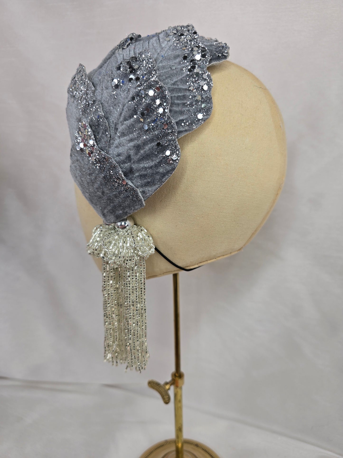 Silver velvet glittered half hat/fascinator with silver beaded tassels