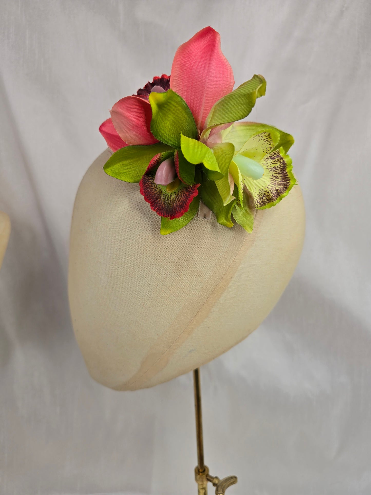 Green and pink orchid hair flower and corsage set