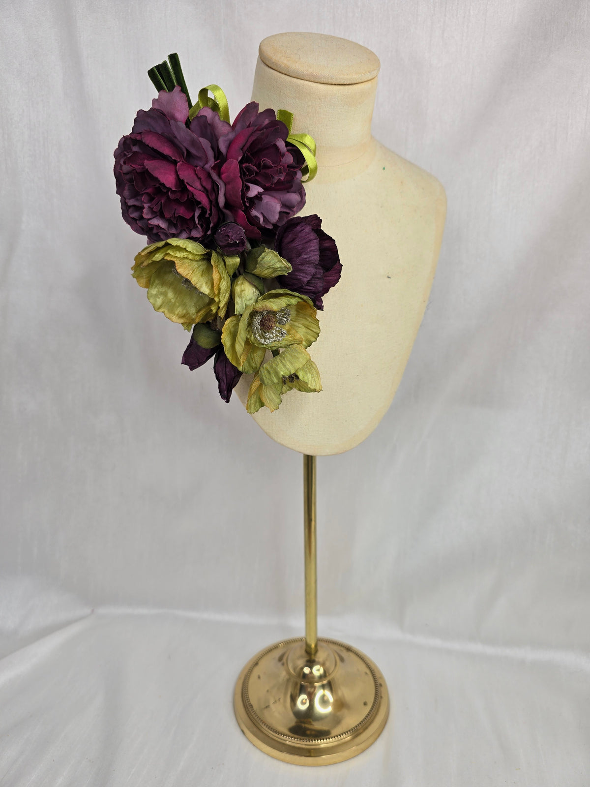 Chartreuse and plum poppy hair flower and corsage set