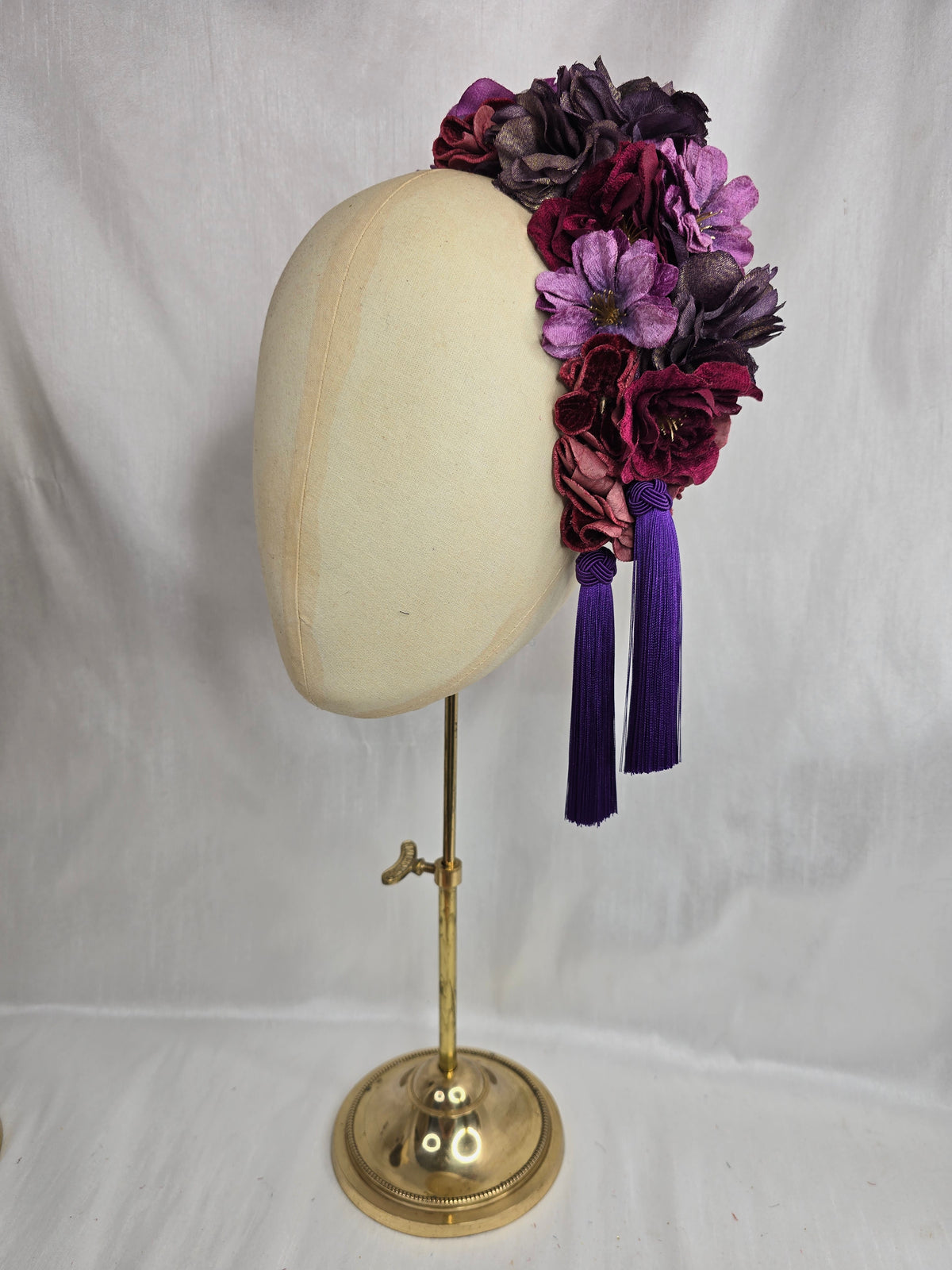 XL purple, maroon and burgundy autumn flower headpiece with silky tassels