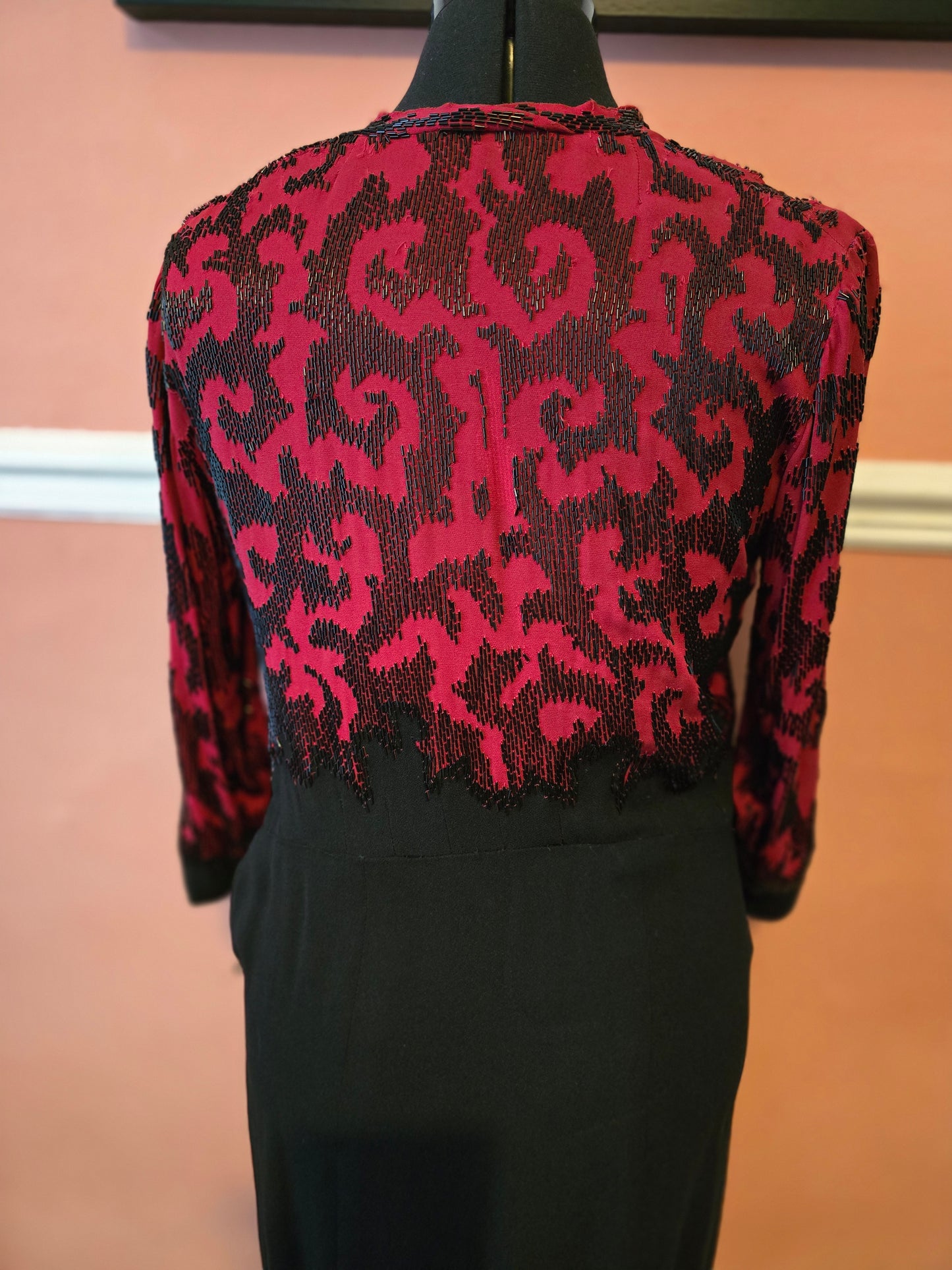 1940s crepe colour block red and black beaded dress