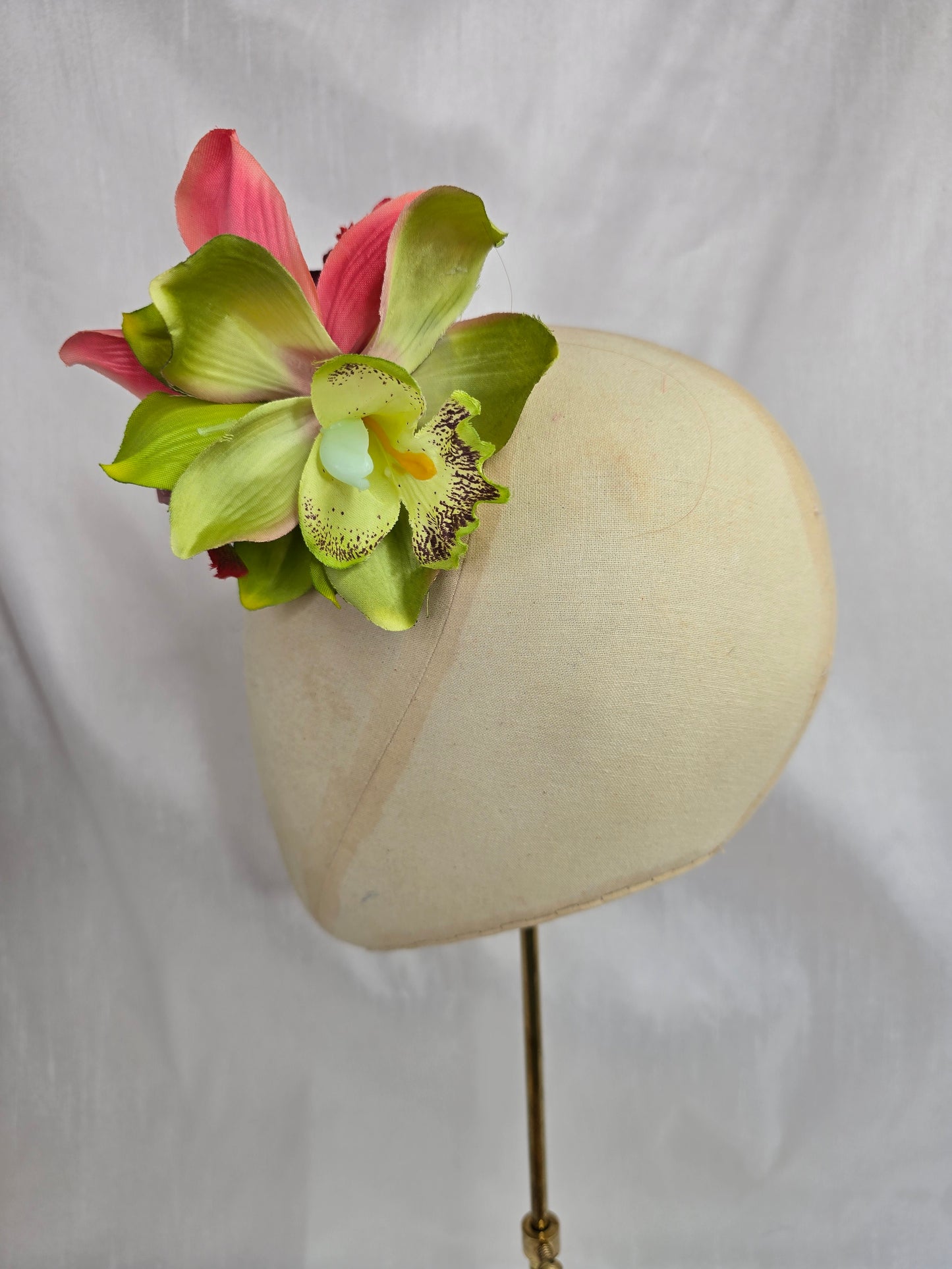 Green and pink orchid hair flower and corsage set