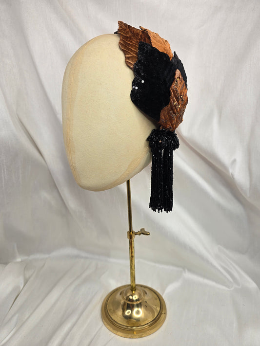 Black and copper half hat/fascinator with beaded tassels