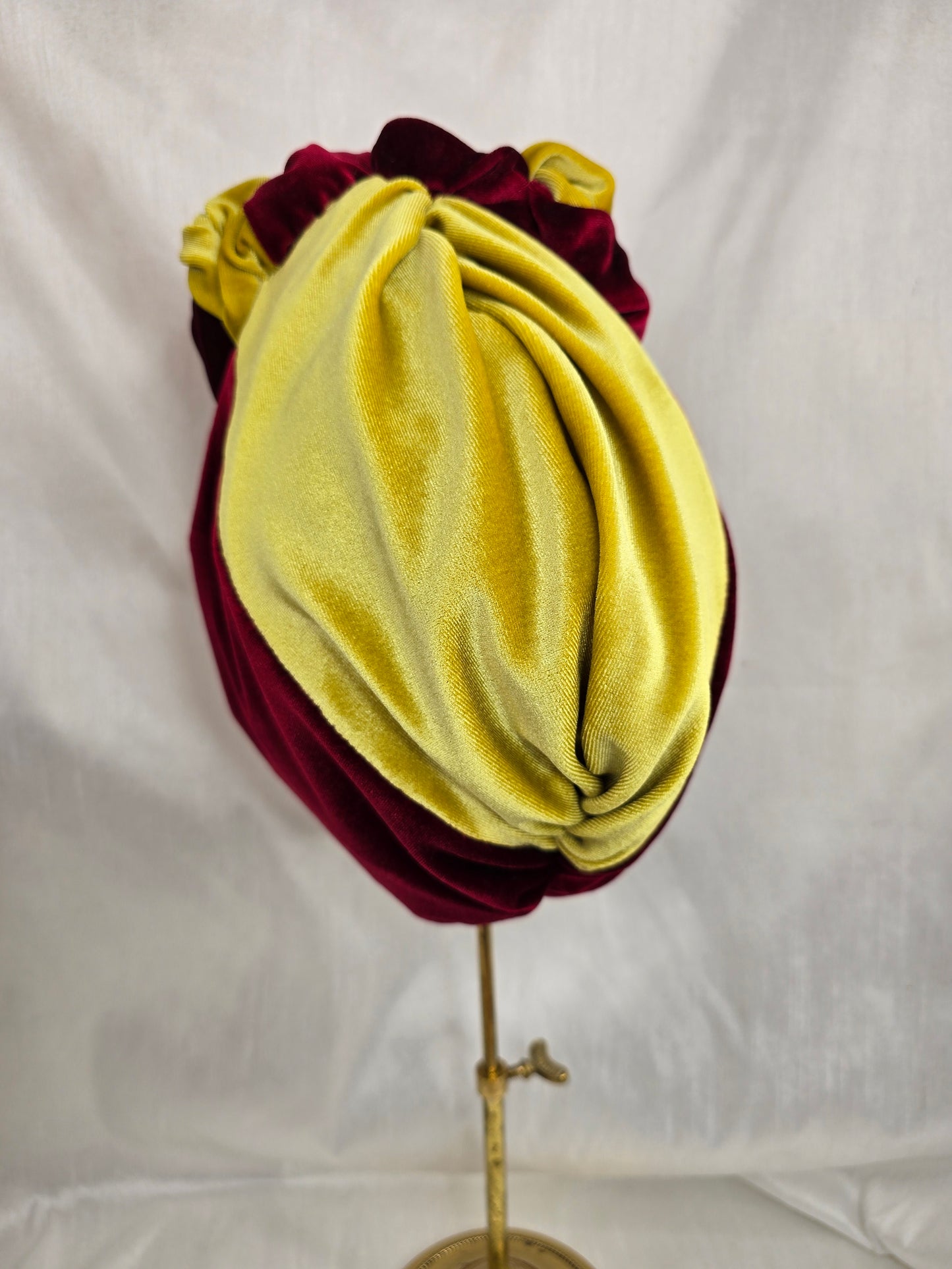 (Copy) Black and chartreuse and red stretch velvet turban with flowers