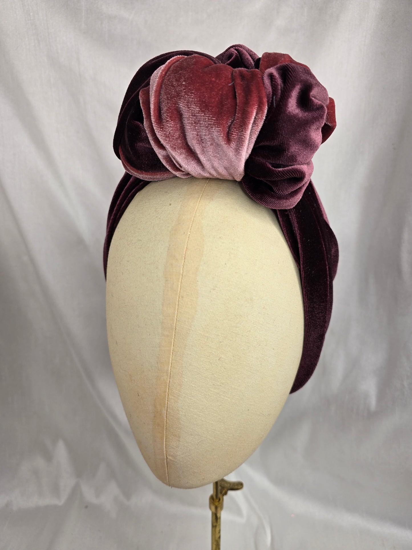 Pink and mocha stretch velvet turban with flower trim, hair flower and corsage