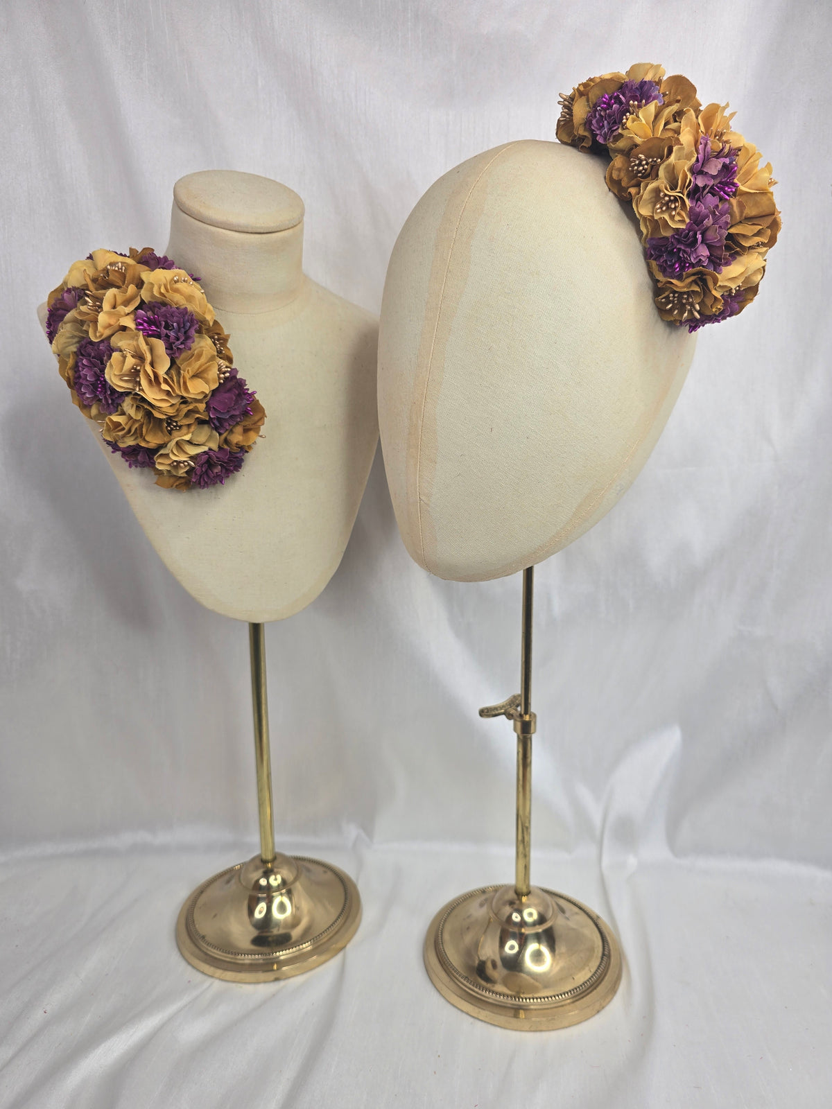 Purple and mustard blossom hair flower/corsage