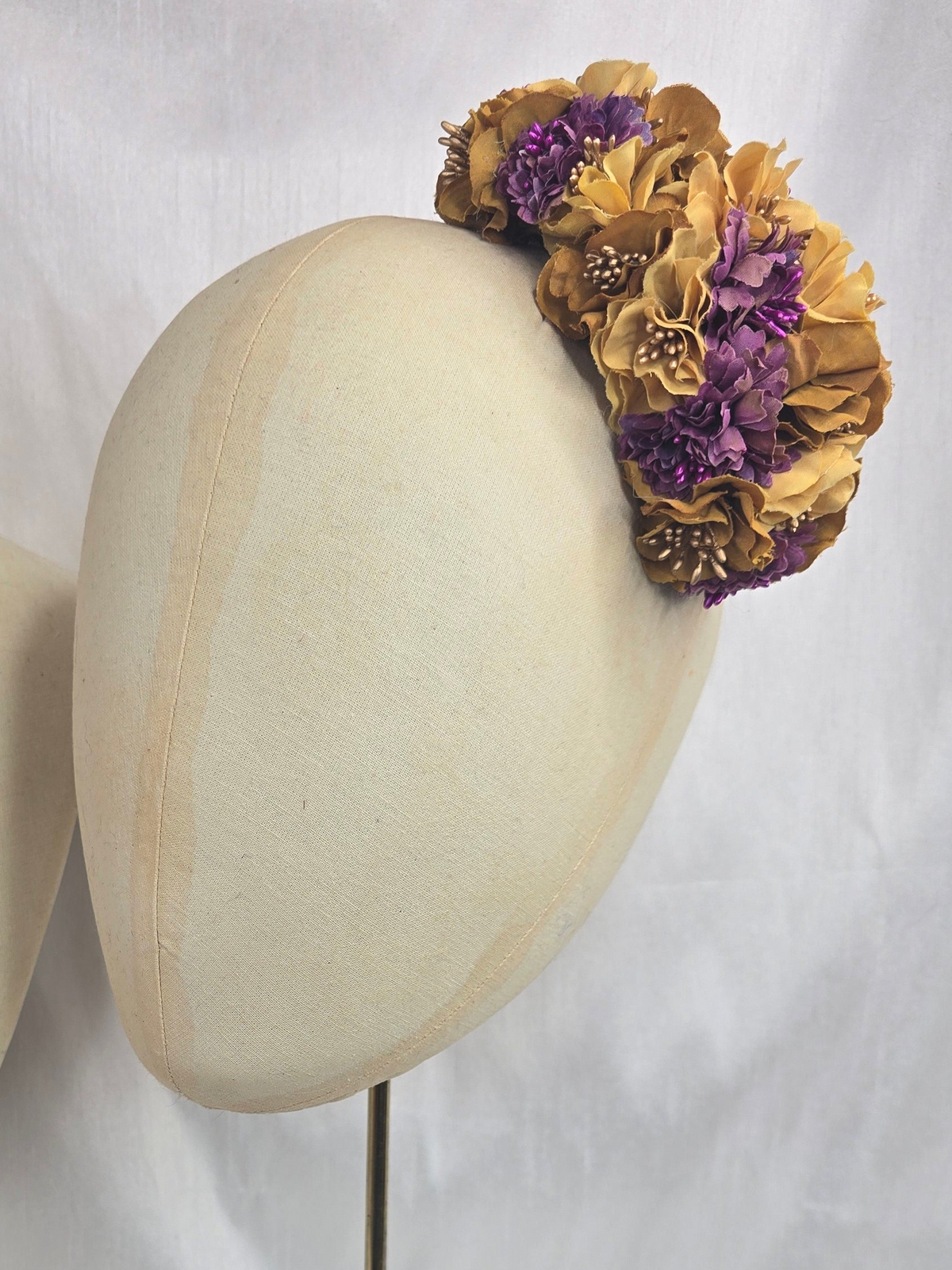 Purple and mustard blossom hair flower/corsage