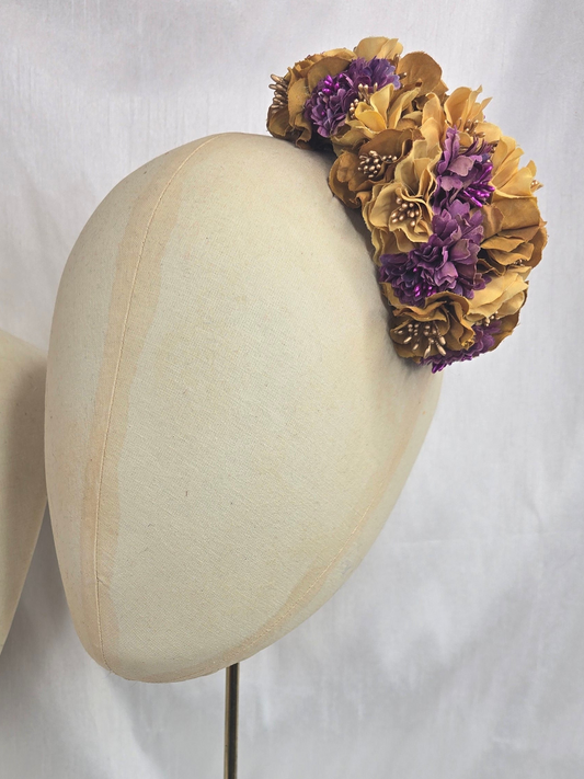 Purple and mustard blossom hair flower/corsage