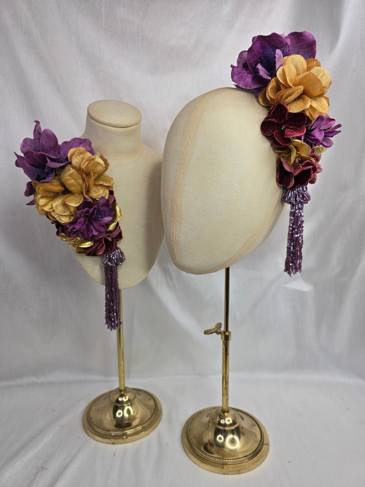 Medium purple and gold flower headpiece/corsage with beaded tassel
