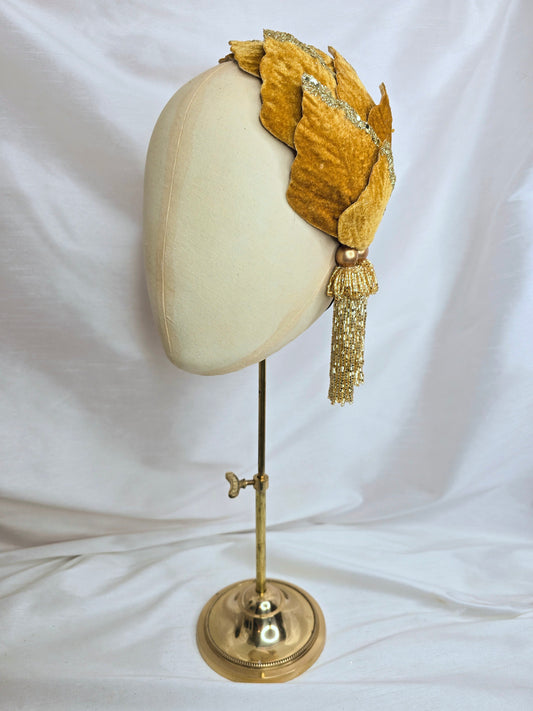 Golden yellow velvet glittered half hat/fascinator with gold beaded tassels (made to order)