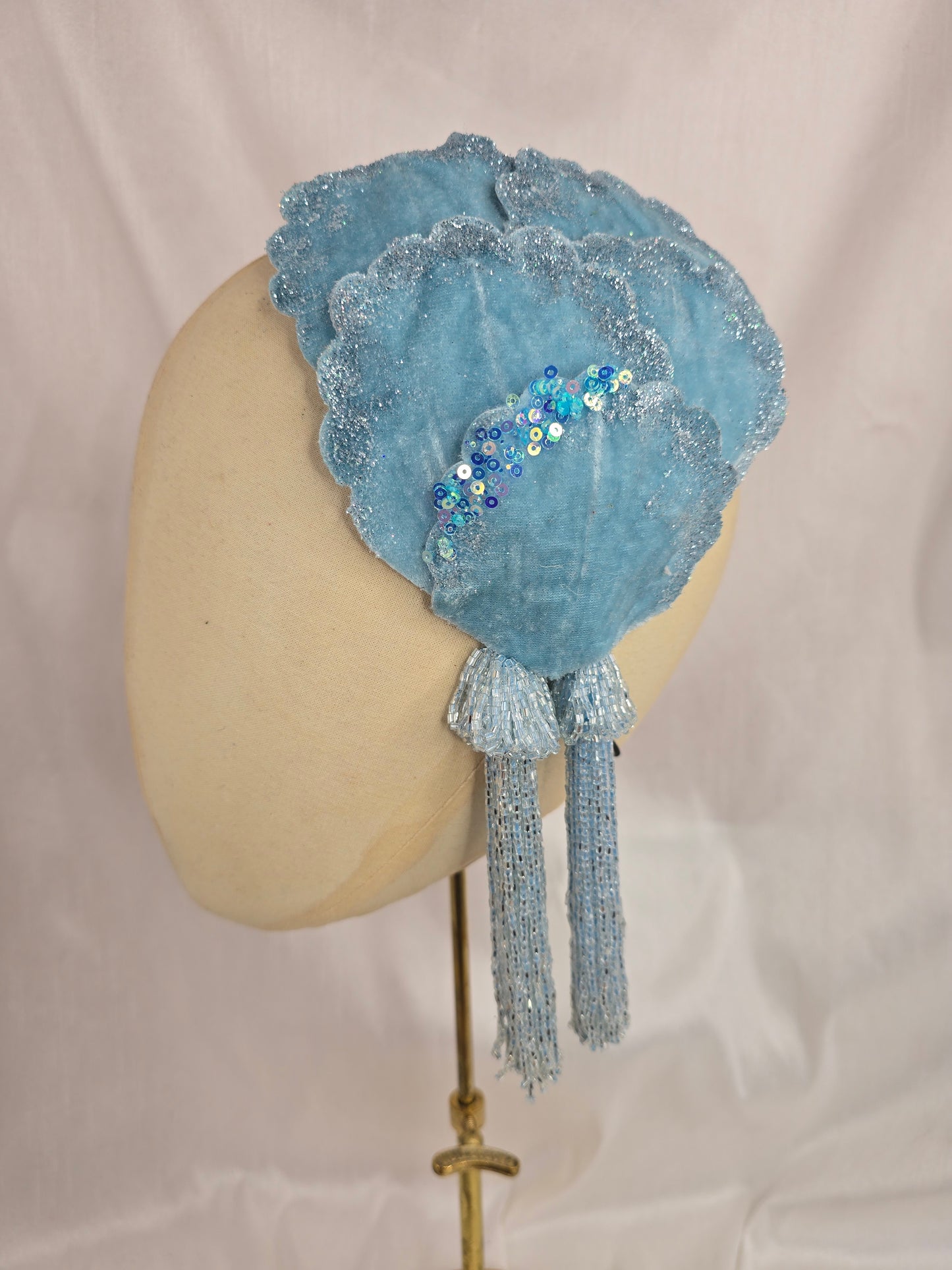 Pale aqua blue half hat/fascinator with beaded tassels (made to order)