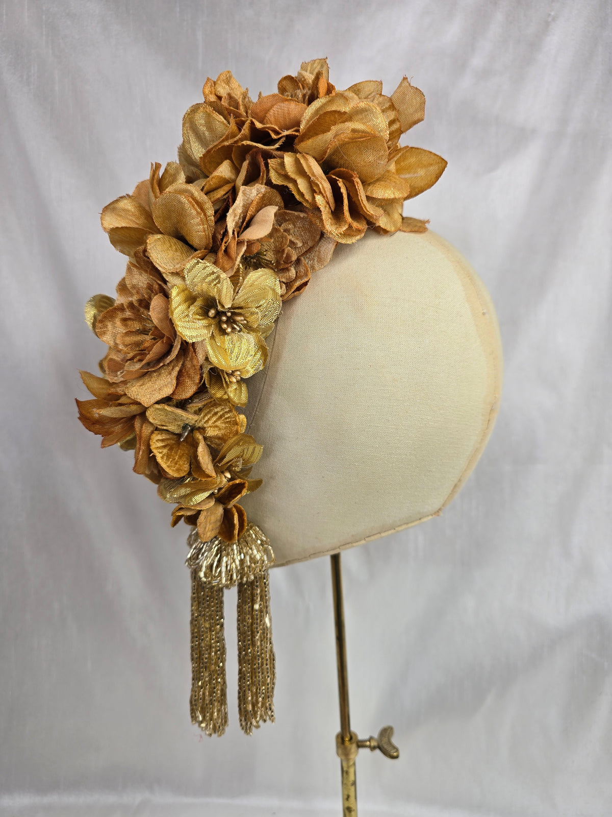 XL luxury autumn gold flower headpiece with gold beaded tassels