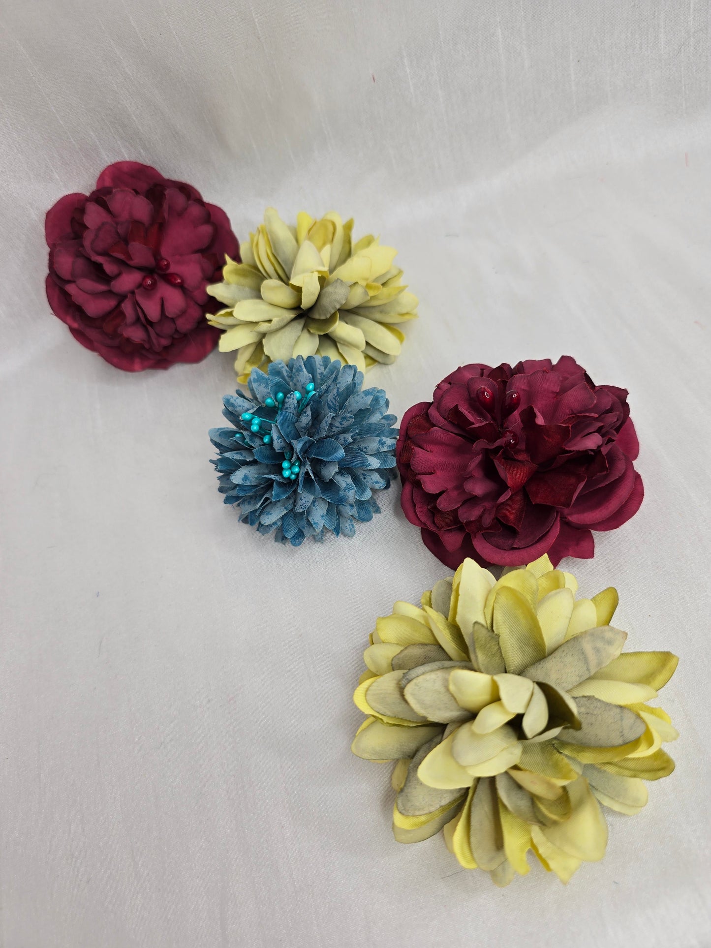 Set of 5 mix & match hair flowers/corsages - chartreuse, maroon, teal