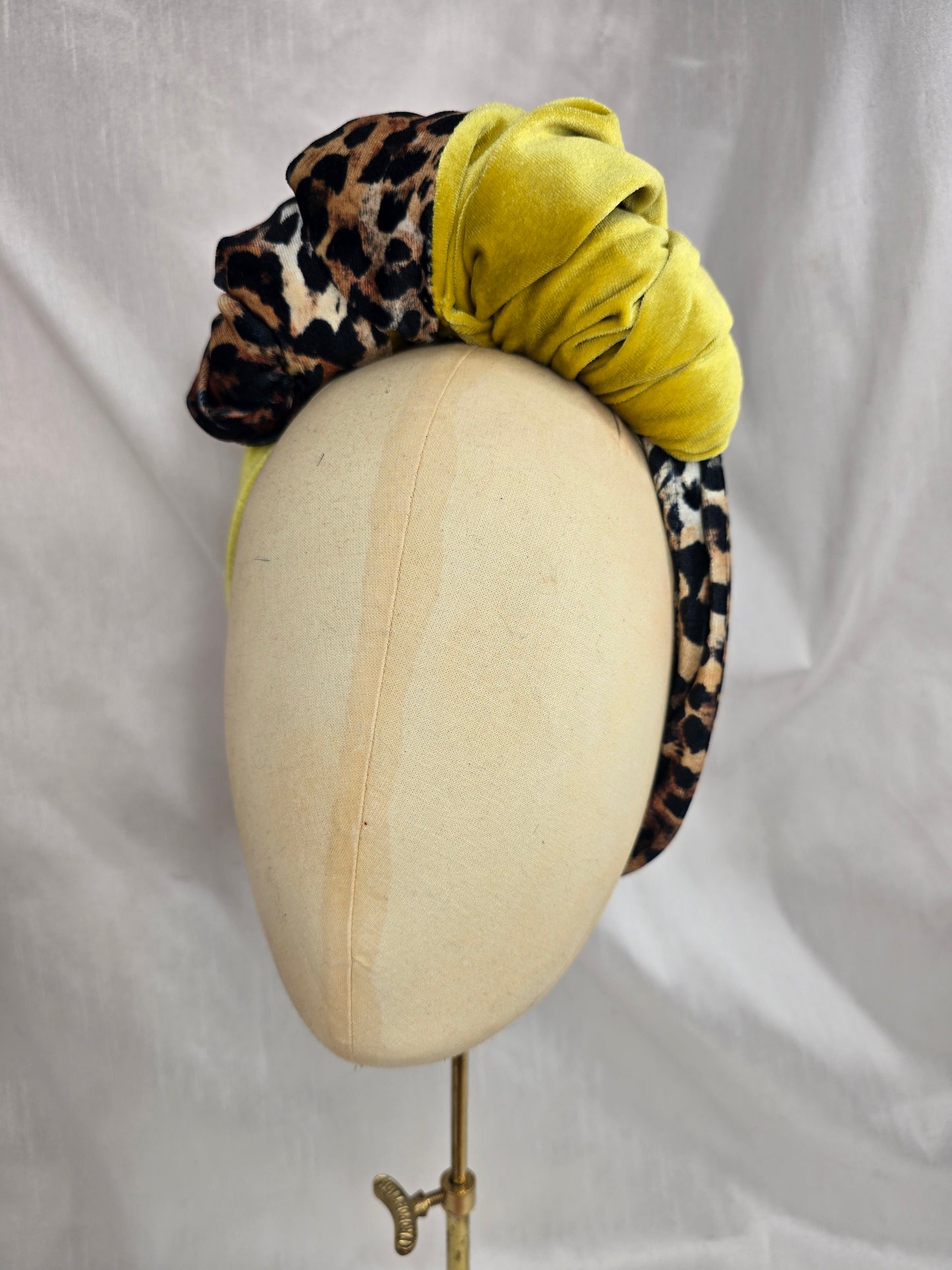 Chartruese yellow and leopard stretch velvet turban with corsage