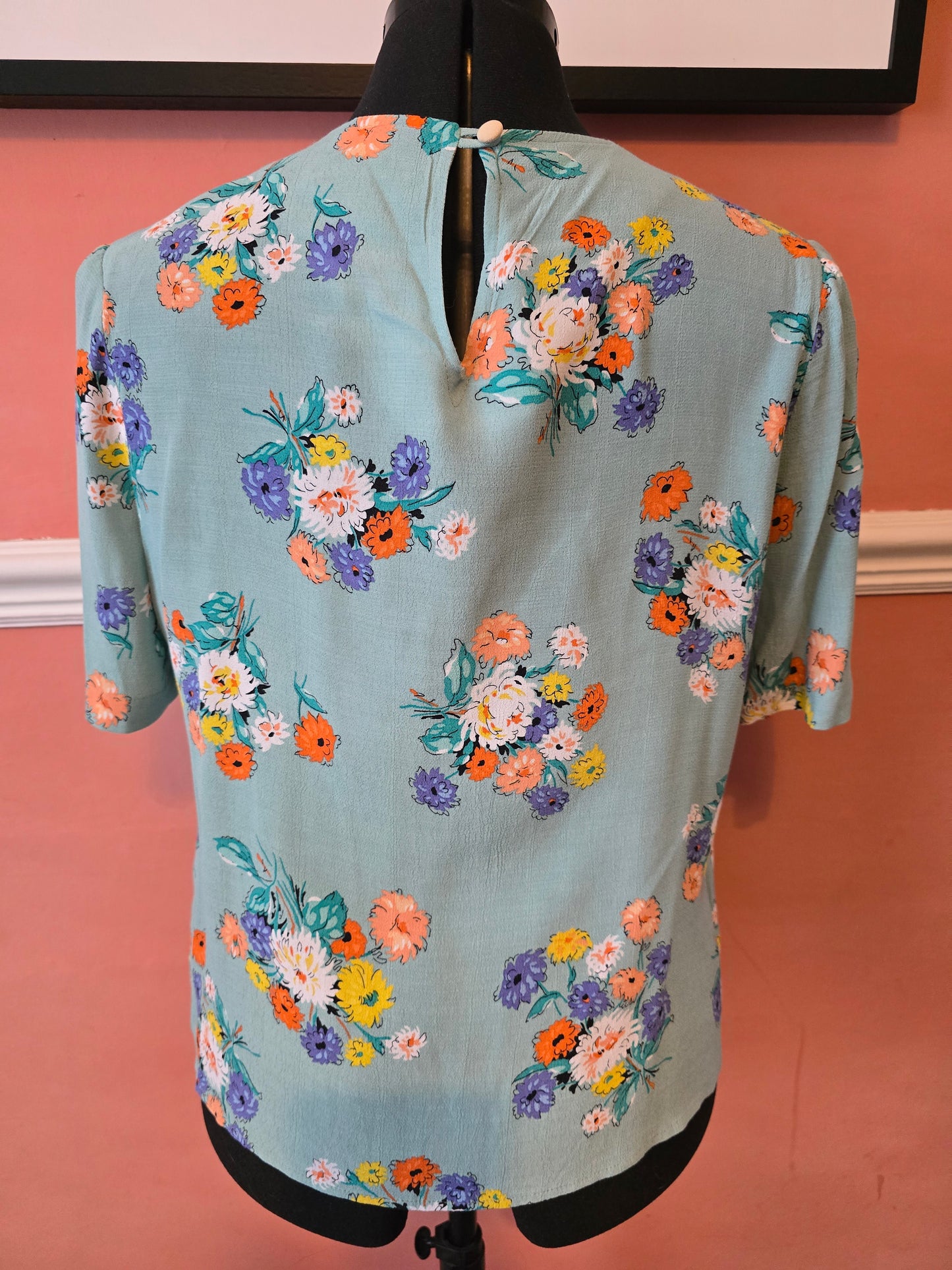 House of Foxy aqua and flower print viscose blouse size 12