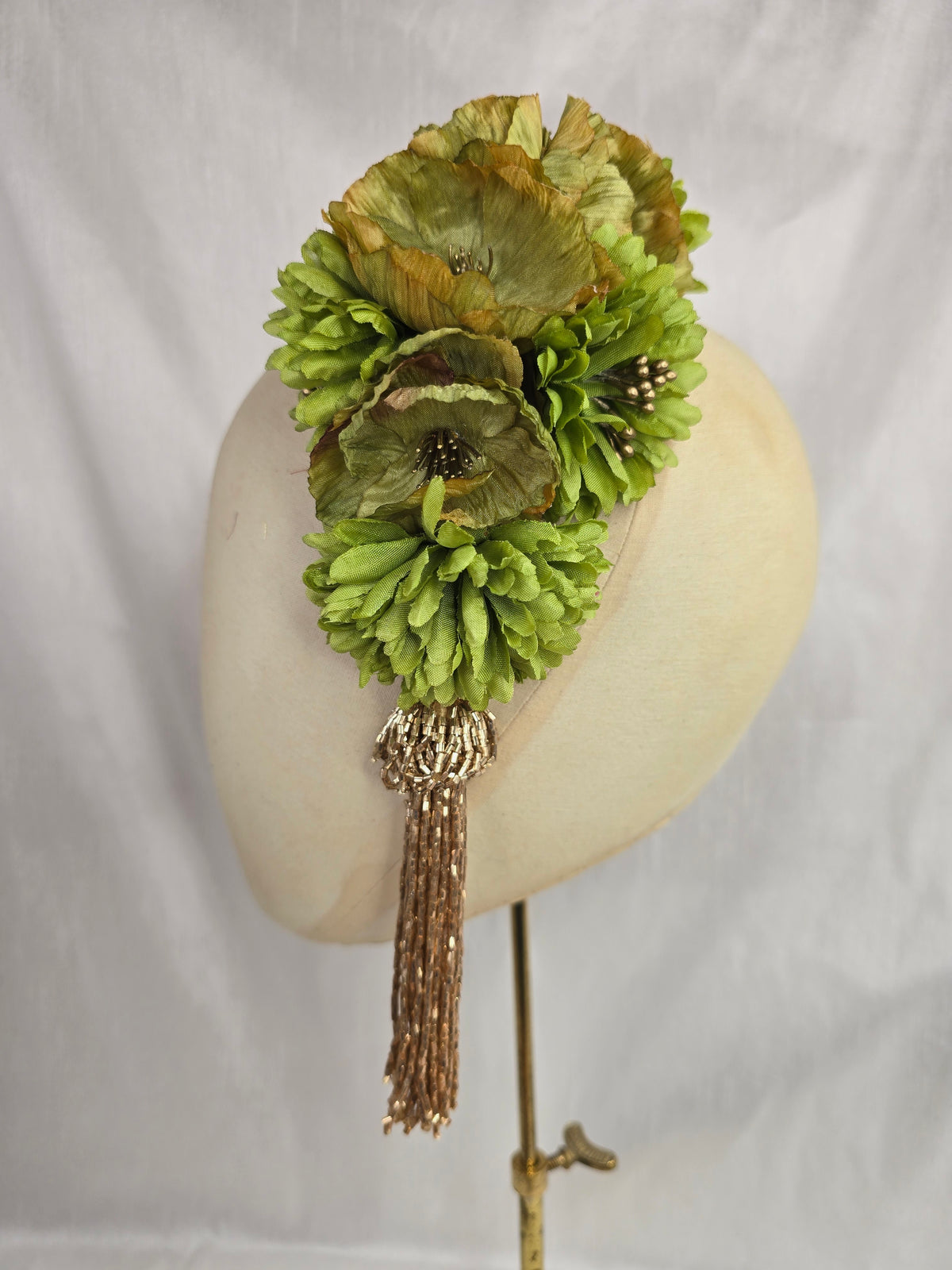 L chartreuse, lime green and gold autumn flower headpiece with beaded tassel