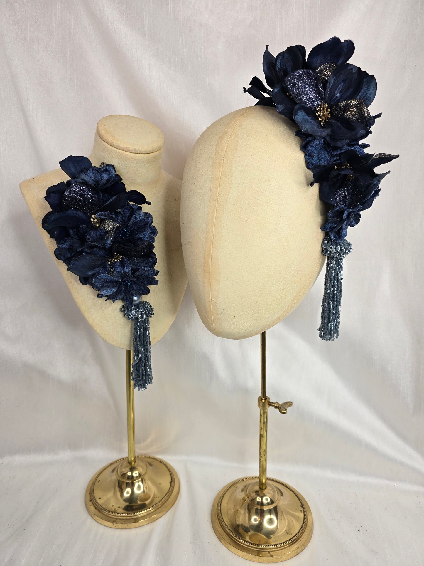 Large navy and silver flower headpiece with beaded tassels