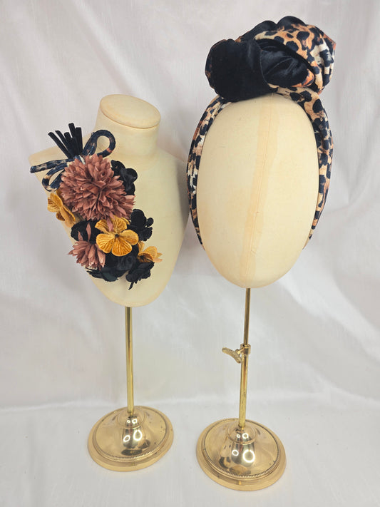 Black and leopard stretch velvet turban with  corsage