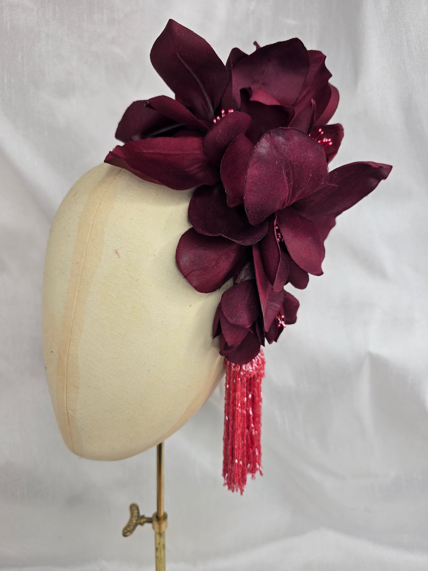 Extra large burgundy and watermelon cascade hair flower with beaded tassels