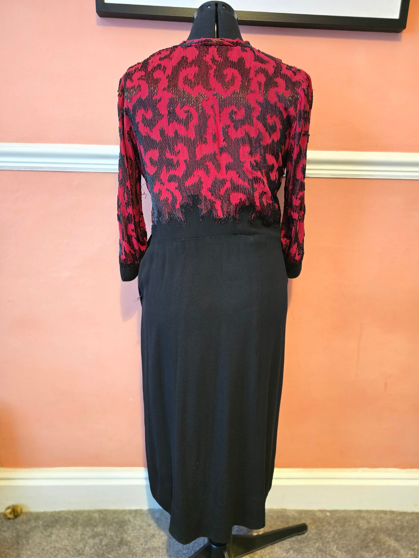 1940s crepe colour block red and black beaded dress