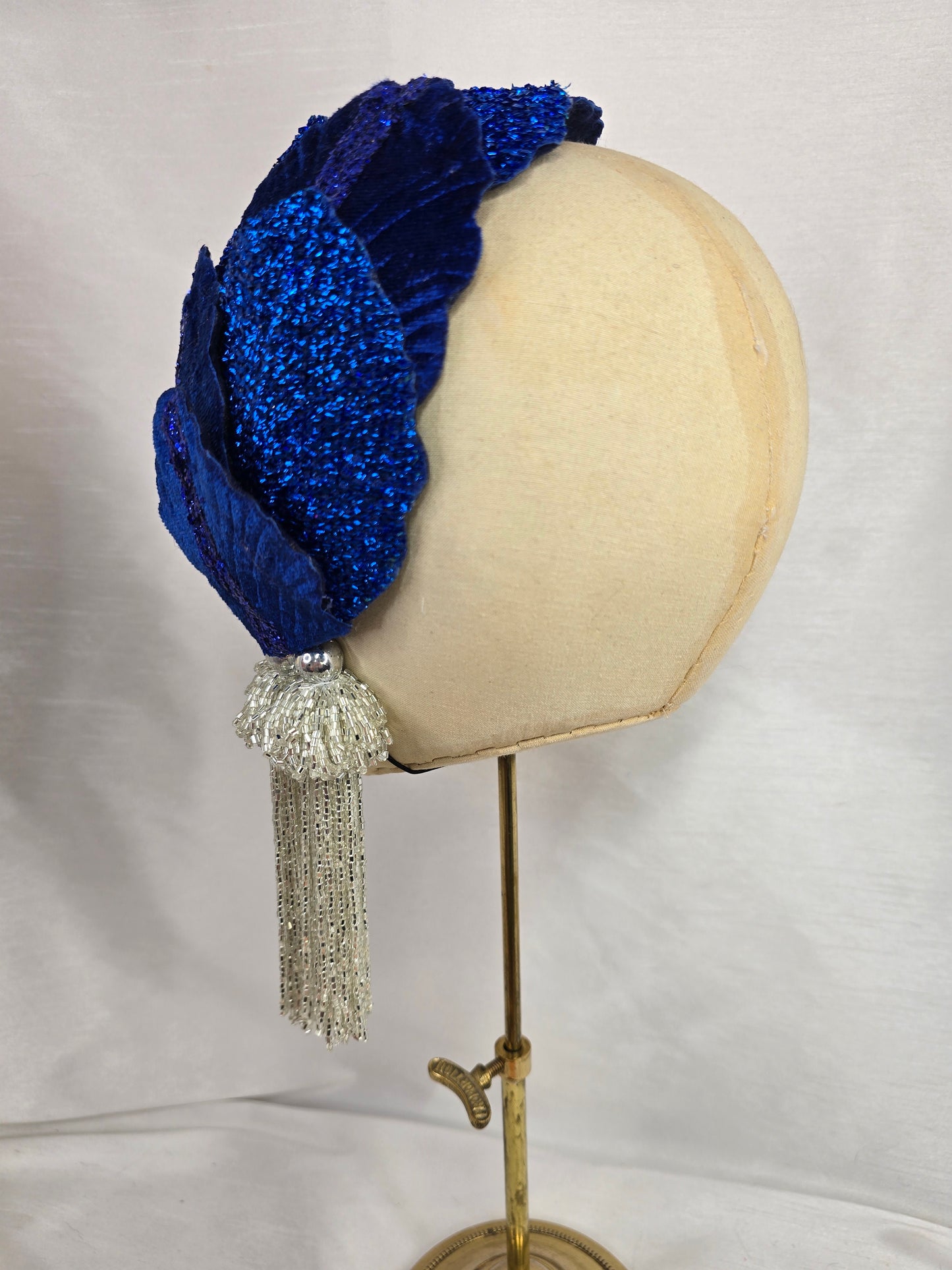 Royal blue with glitter half hat/fascinator with silver beaded tassels