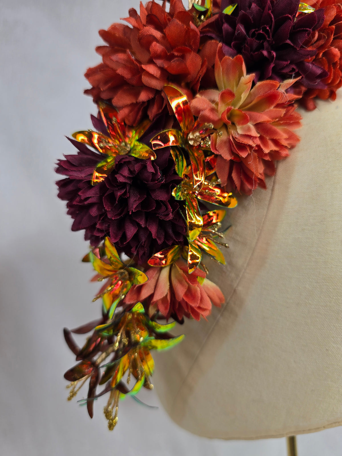 Large orange, maroon and iridescent orange large hair flower