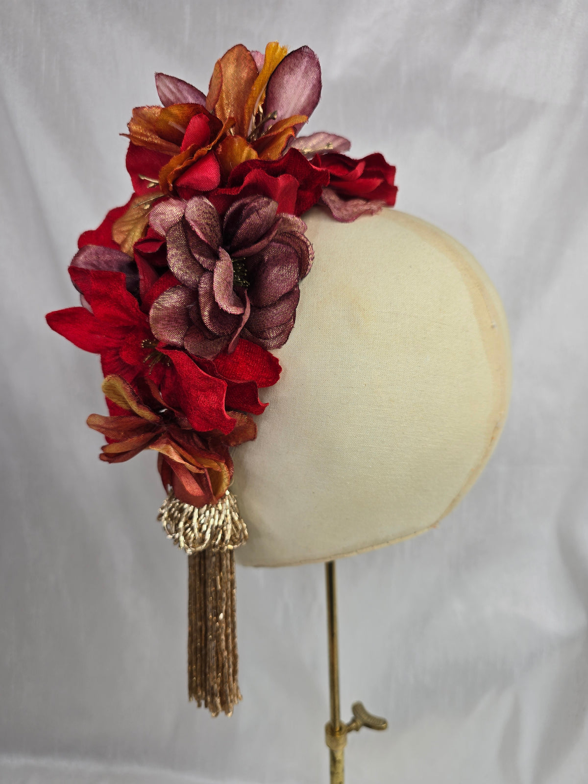 XL maroon, red and orange autumn flower headpiece/corsage with beaded tassels
