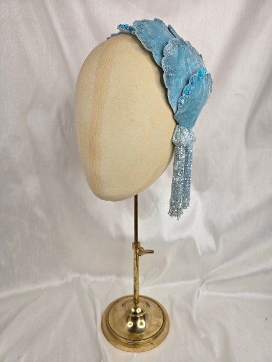 Pale aqua blue half hat/fascinator with beaded tassels (made to order)