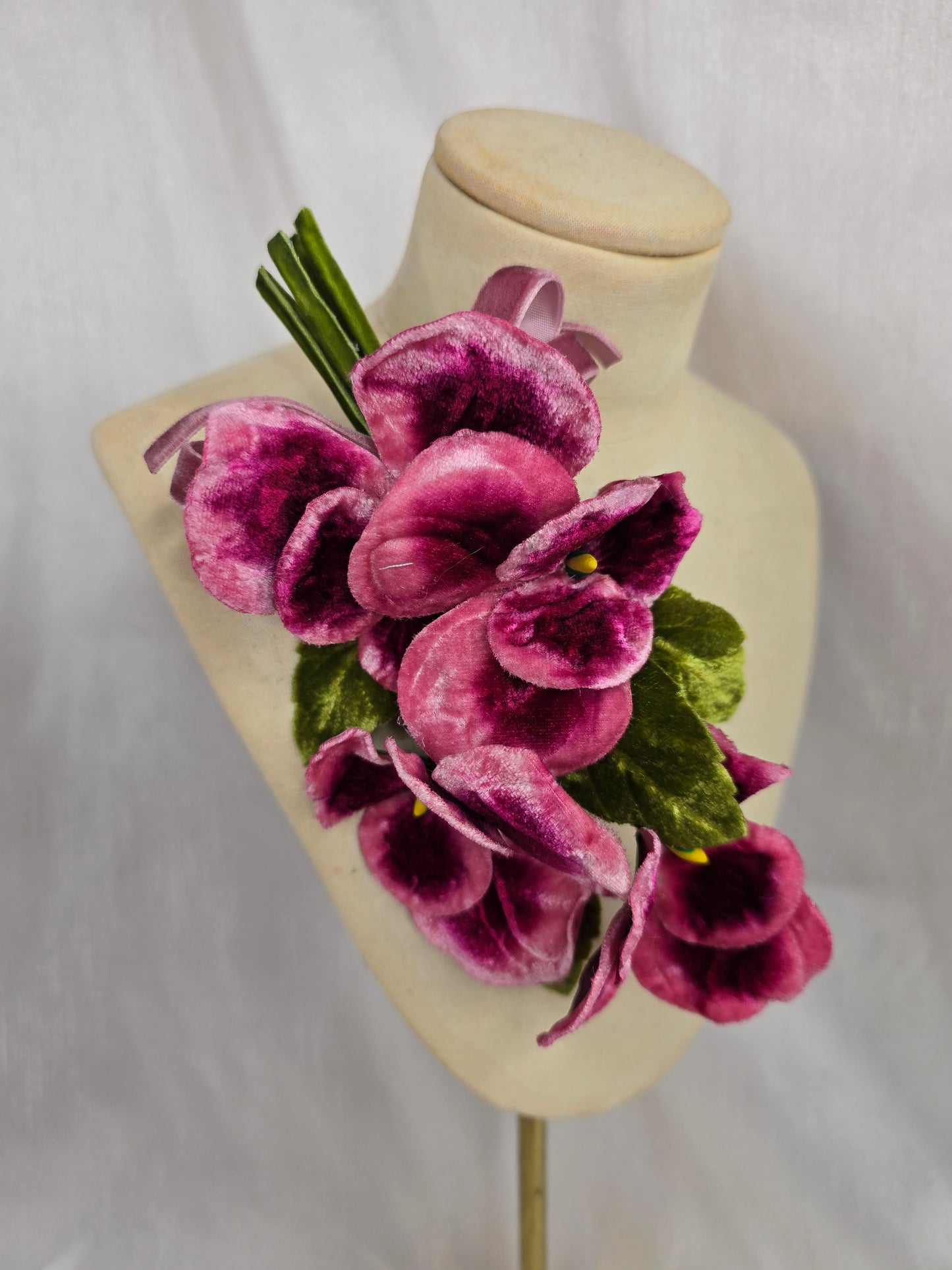 Heather purple stretch velvet turban with flower trim and corsage