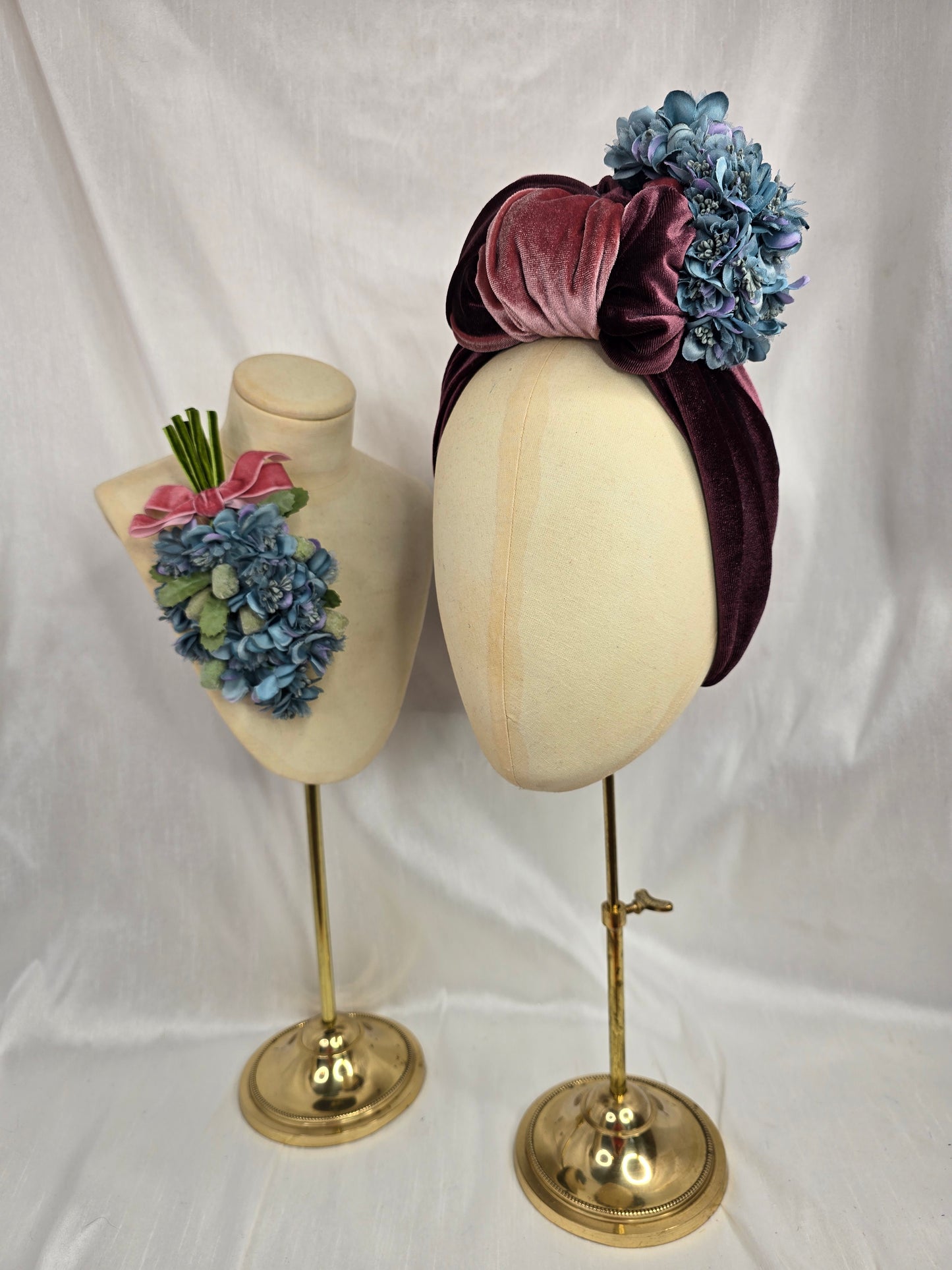 Pink and mocha stretch velvet turban with flower trim, hair flower and corsage
