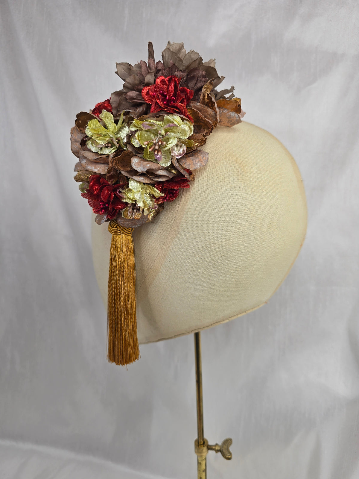 M mocha, chartruese, and red autumn flower headpiece with mustard silky tassel