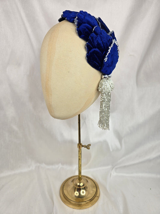 Royal blue and silver glittered half hat/fascinator with beaded tassels (made to order)