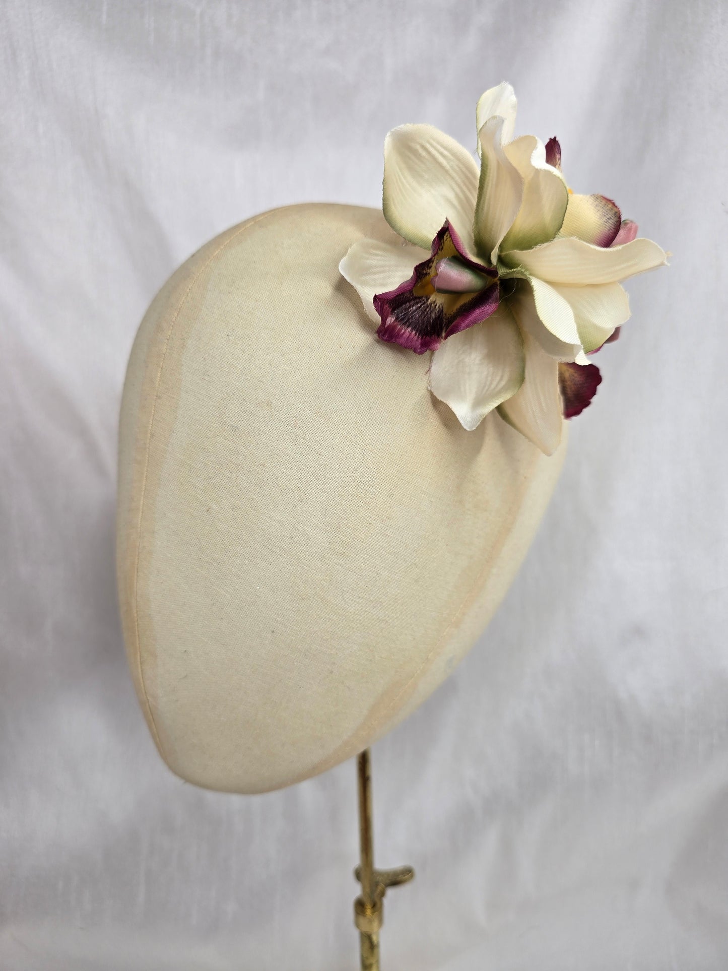 Cream and mulberry orchid hair flower and corsage set