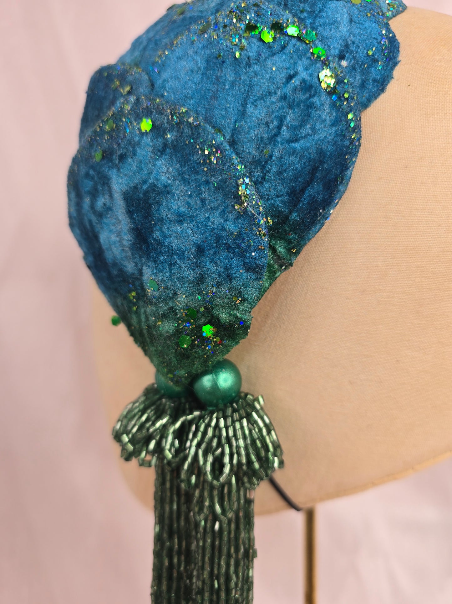 Teal and green half hat/fascinator with beaded tassels (made to order)