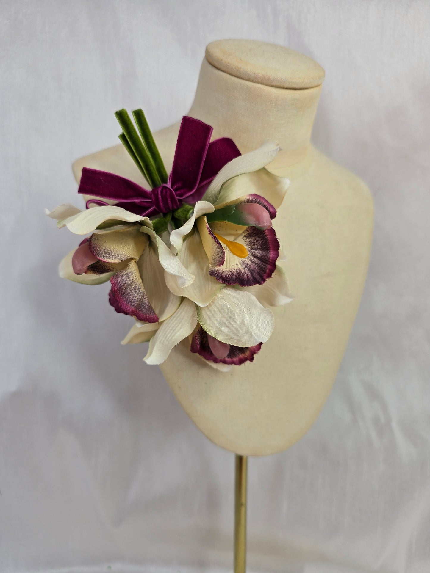 Cream and mulberry orchid hair flower and corsage set