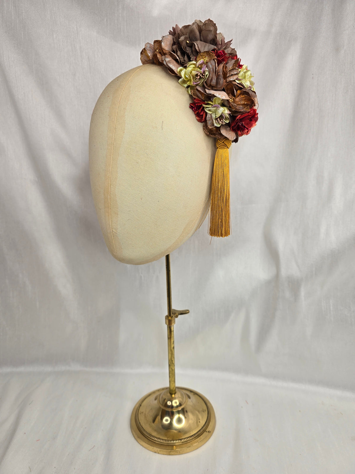 M mocha, chartruese, and red autumn flower headpiece with mustard silky tassel